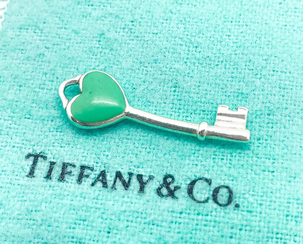 Tiffany & Co. Blue Enamel Heart Key Pendant Charm Sterling Silver 1" (BENT)